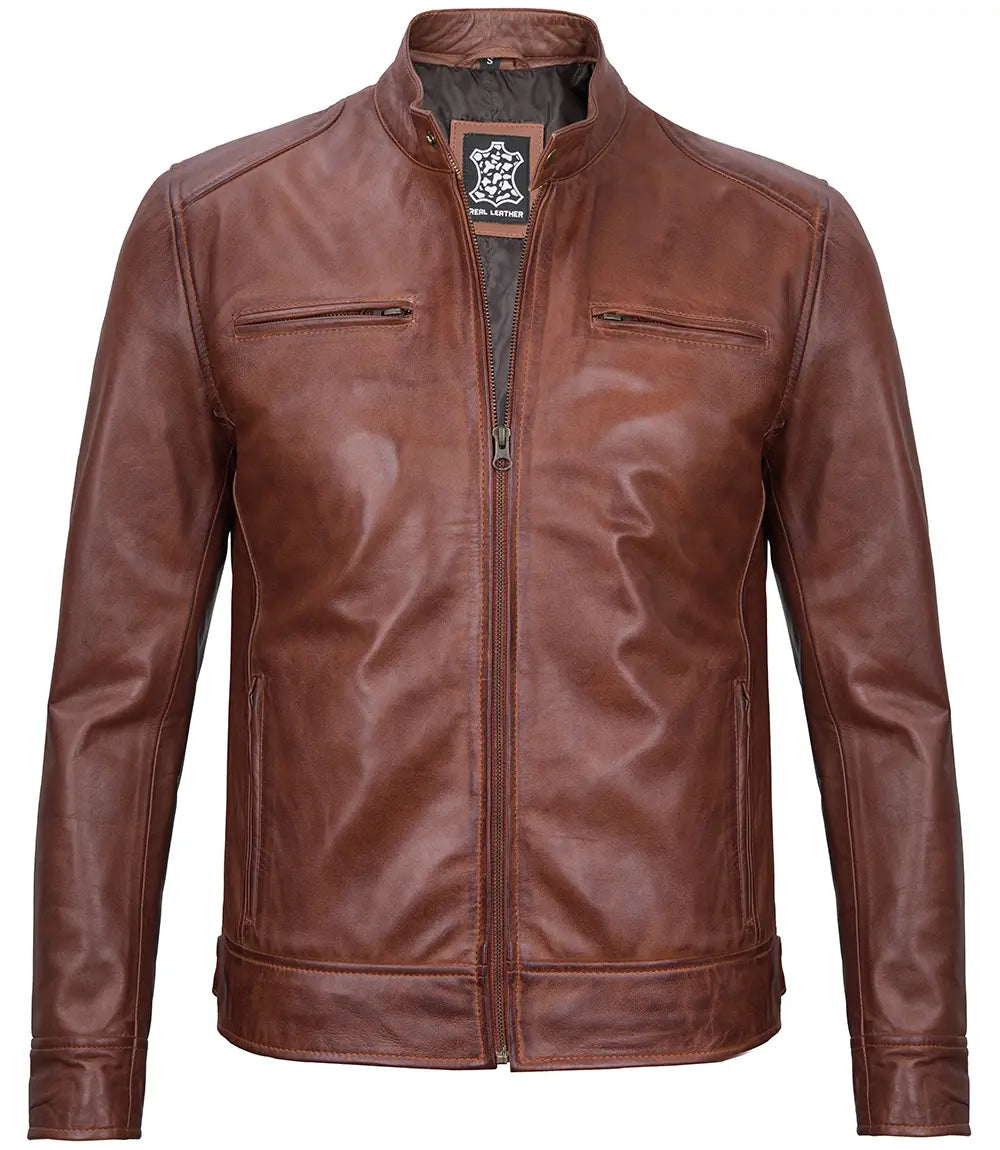 Tall Men's Cognac Brown Cafe Racer Leather Jacket