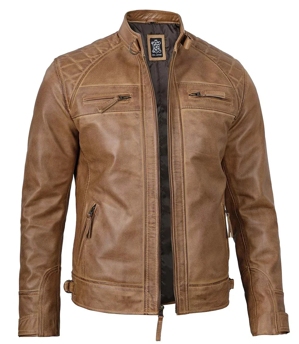 Tall Men's Distressed Camel Brown Cafe Racer Leather Jacket