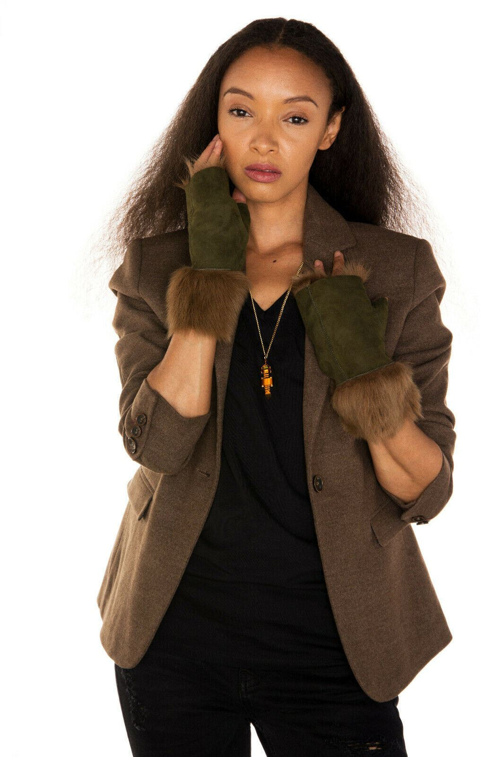 Womens Shearling  Mittens Fingerless Cuffs Toscana Suede Sheepskin Fur