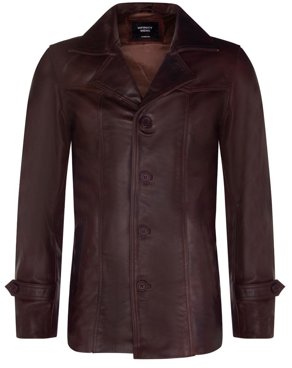 Men’s Brown Vintage Trench Style Crombie Leather Coat-Macau