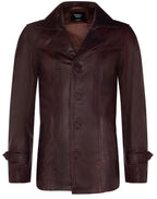 Men’s Brown Vintage Trench Style Crombie Leather Coat-Macau