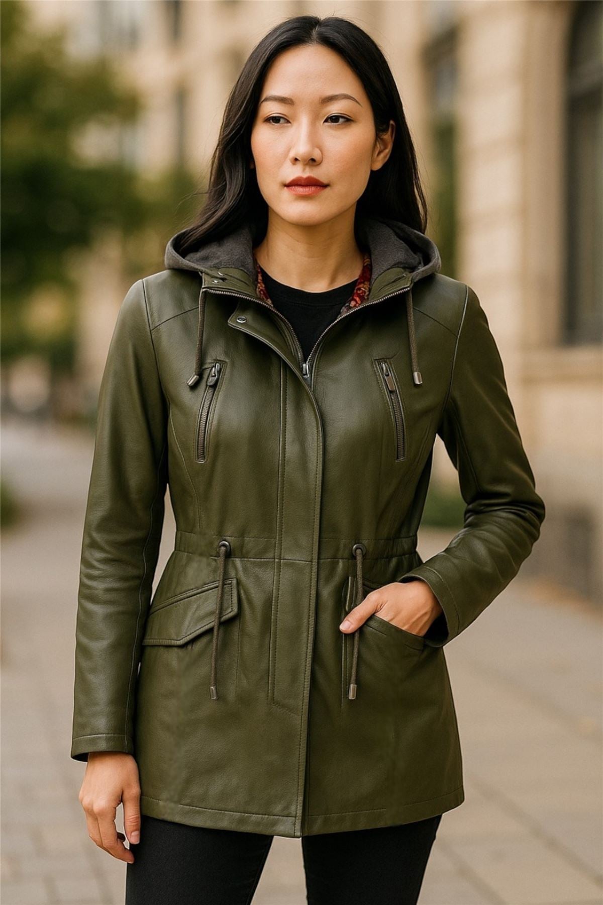 Womens Leather Hooded Parka Jacket-Bucharest