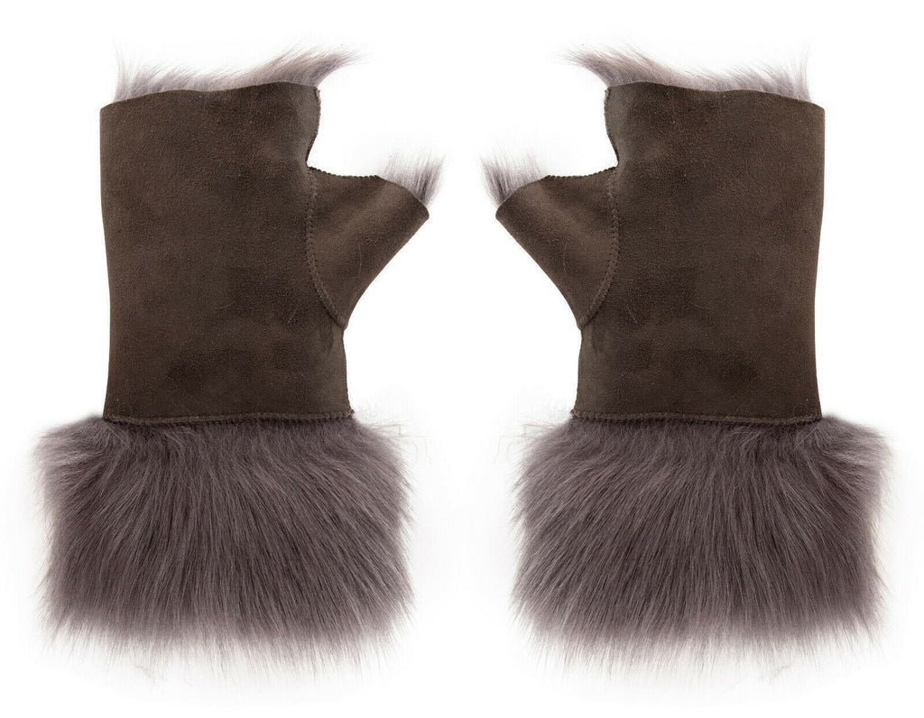 Womens Shearling  Mittens Fingerless Cuffs Toscana Suede Sheepskin Fur