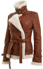 Womens Tan Double Breasted Sheepskin Aviator Jacket-Leshan