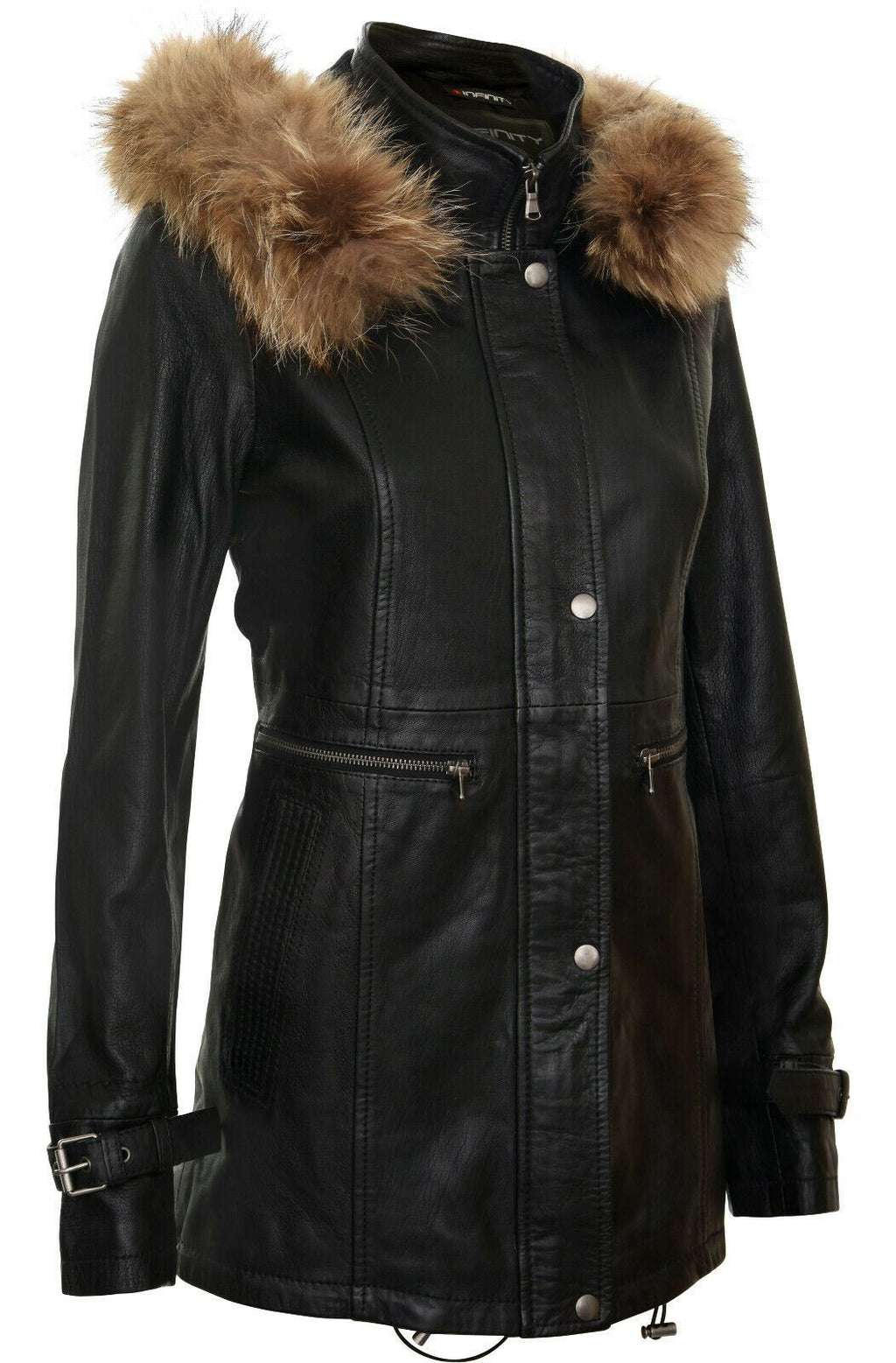 Womens Warm Leather Hooded Parka Jacket-Northwich