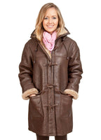 Womens Brown Hooded Sheepskin Leather Duffle Coat-Charlotte