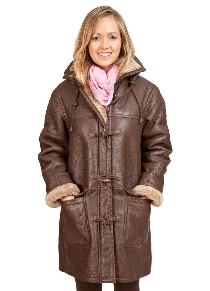 Womens Brown Hooded Sheepskin Leather Duffle Coat-Charlotte