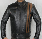Classic Cafe Racer Black Biker Leather Jacket with Brown Stripes XL