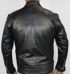 Classic Cafe Racer Black Biker Leather Jacket with Brown Stripes XL