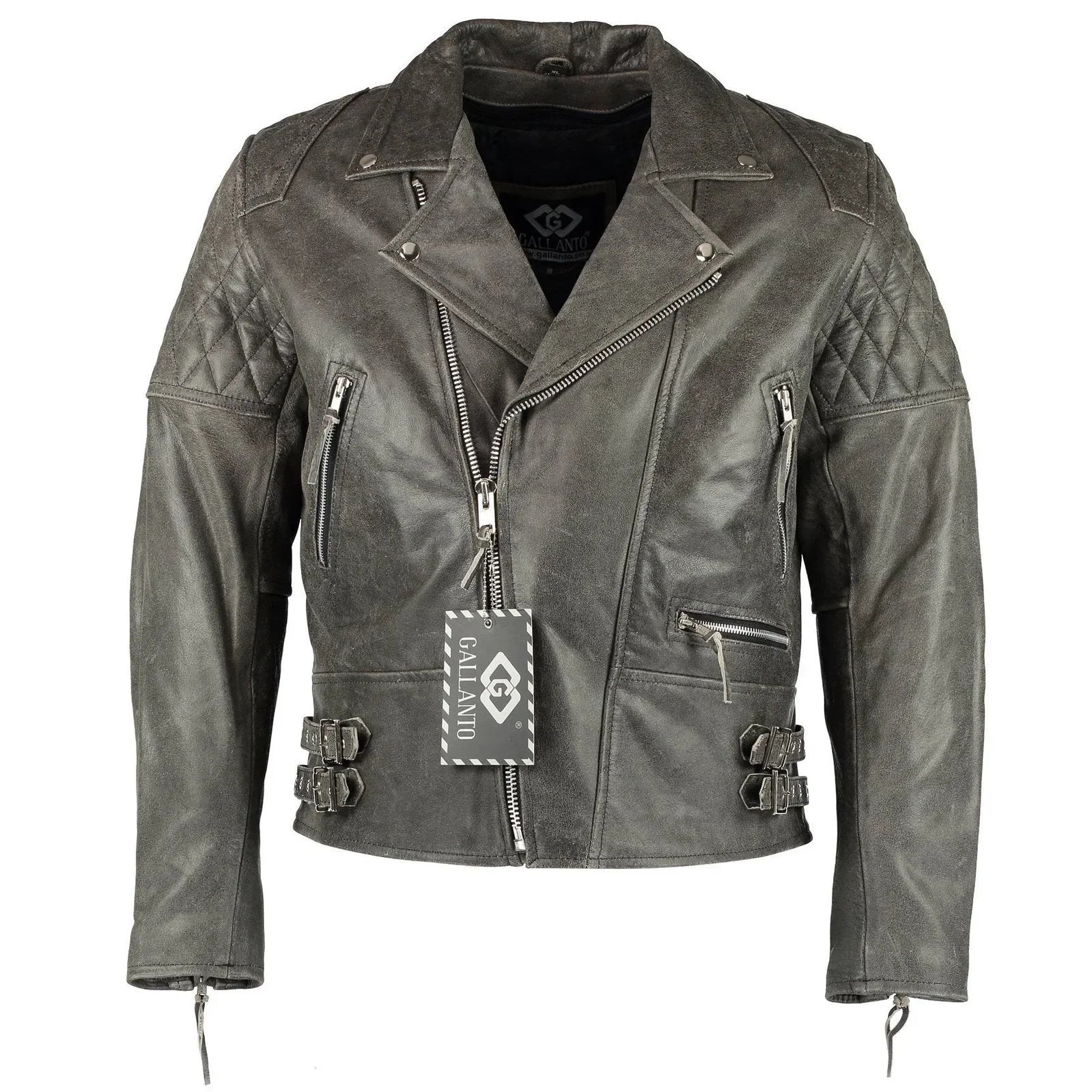 Classic Diamond Vintage Grey Biker Leather Jacket Motorcycle