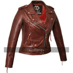 Classic Ladies Red Marlon Brando Women Motorcycle Leather Jacket