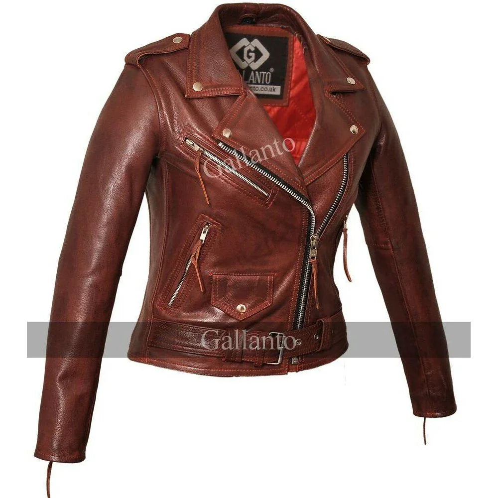 Classic Ladies Red Marlon Brando Women Motorcycle Leather Jacket