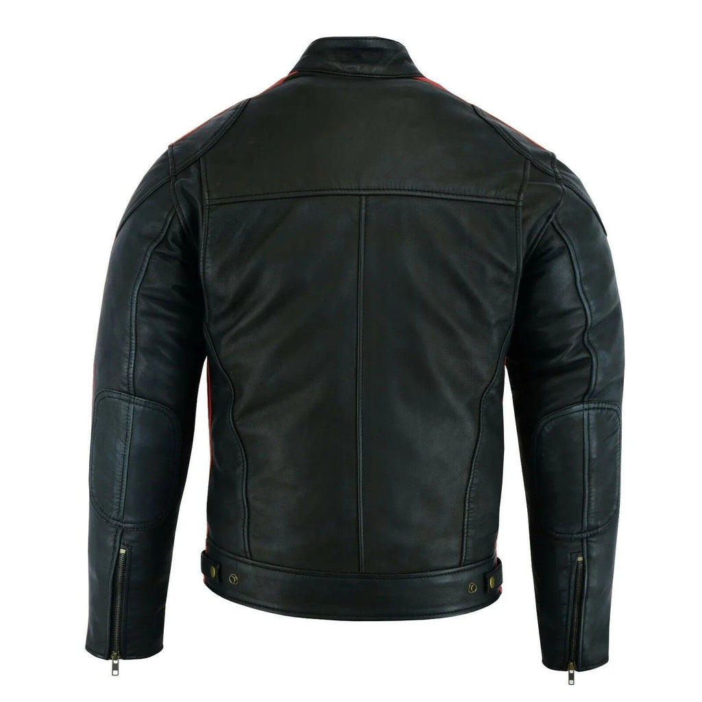 Classic Mens British Motorcycle Black Wax Leather Jacket Biker Red White Striped