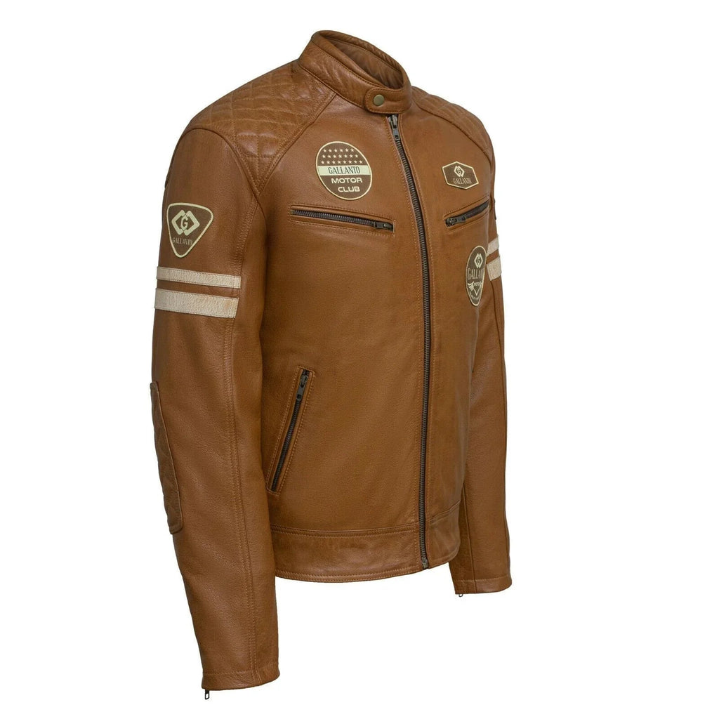 Classic Mens British Tan Motorcycle Leather Jacket With Badges