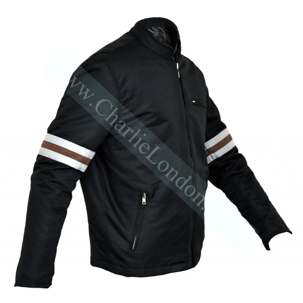 Classic Mens Designer Striped Textile Biker Jacket Small