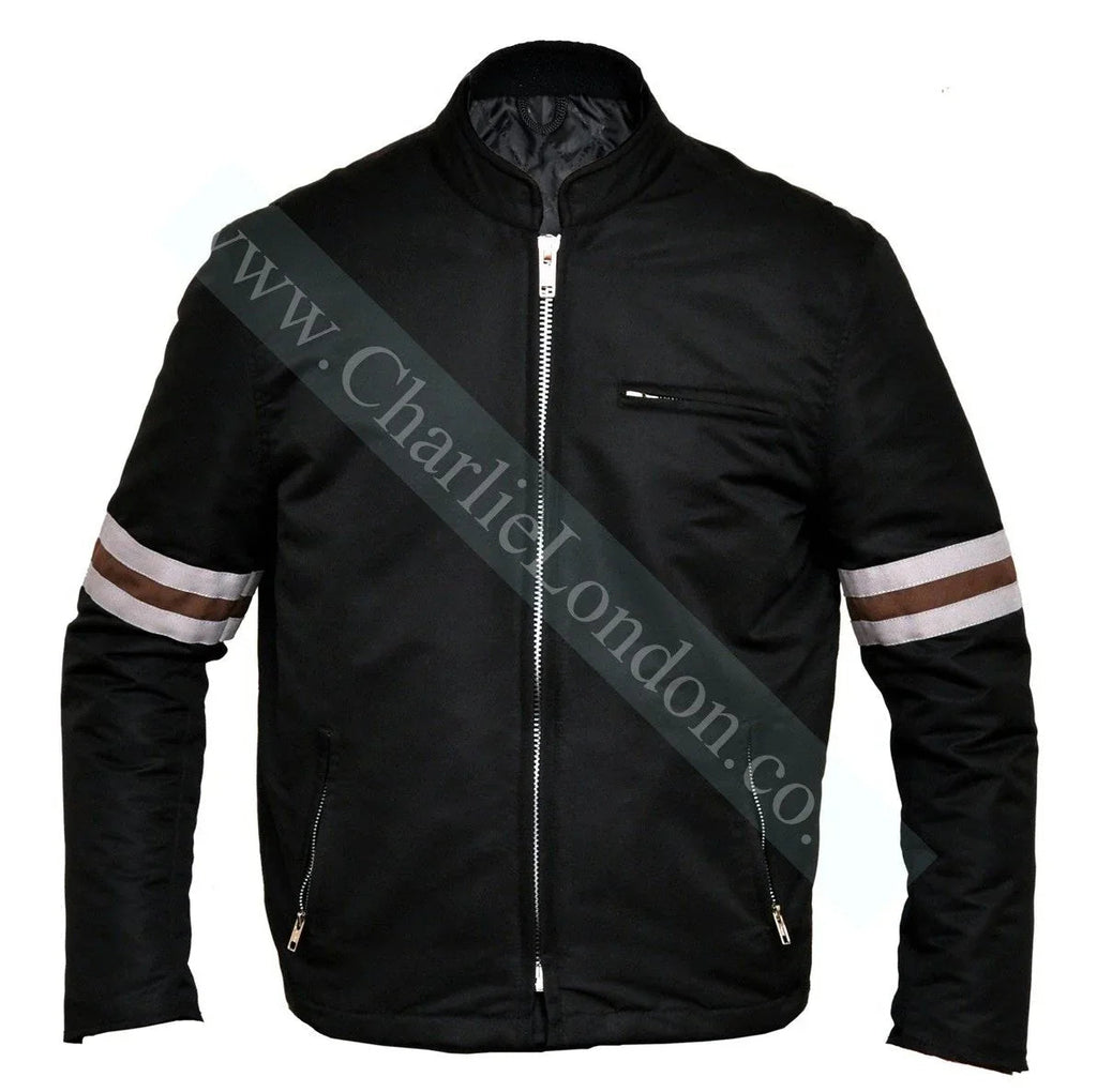 Classic Mens Designer Striped Textile Biker Jacket Small