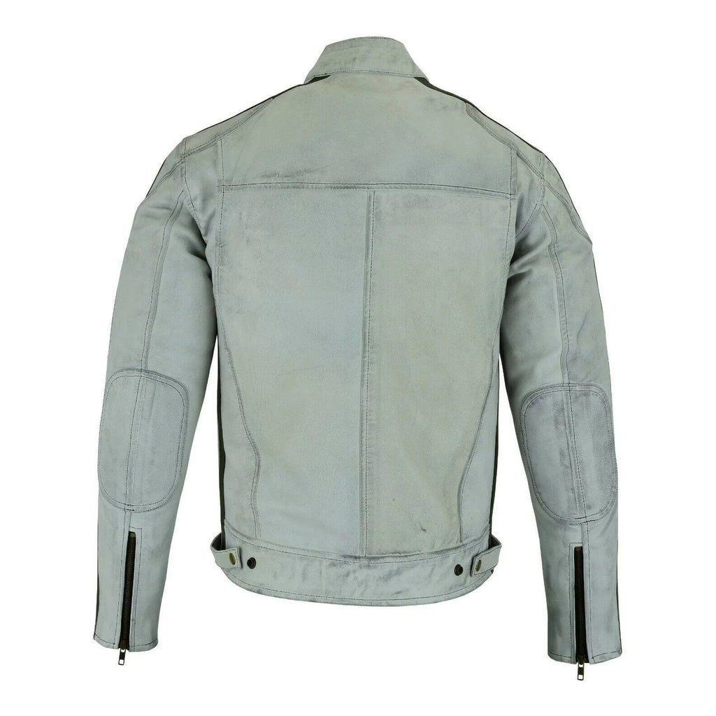 Classic Mens Dirty Grey Motorcycle Leather Jacket Biker Tan and Green stripes