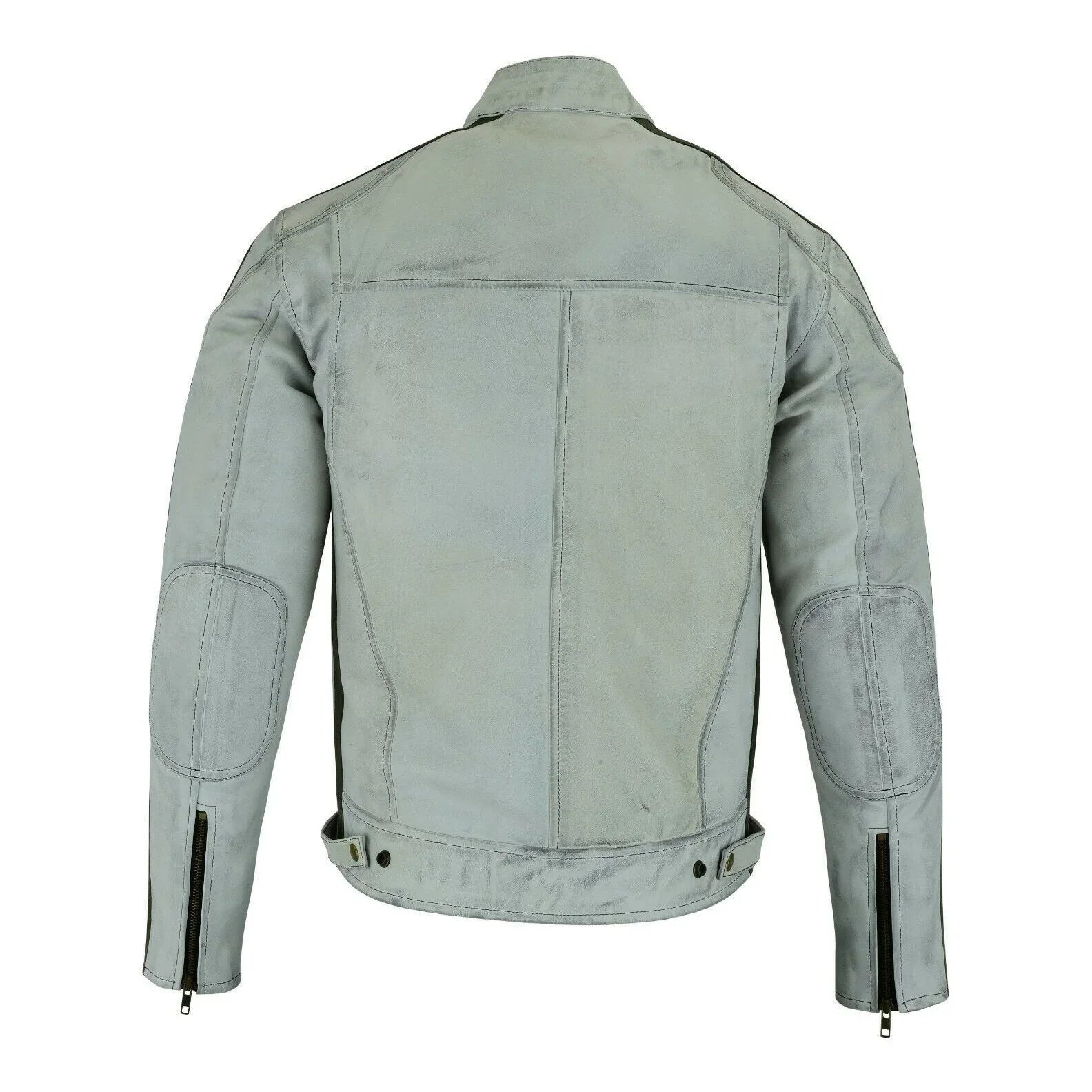 Classic Mens Dirty Grey Motorcycle Leather Jacket Biker Tan and Green stripes