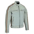 Classic Mens Dirty Grey Motorcycle Leather Jacket Biker Tan and Green stripes