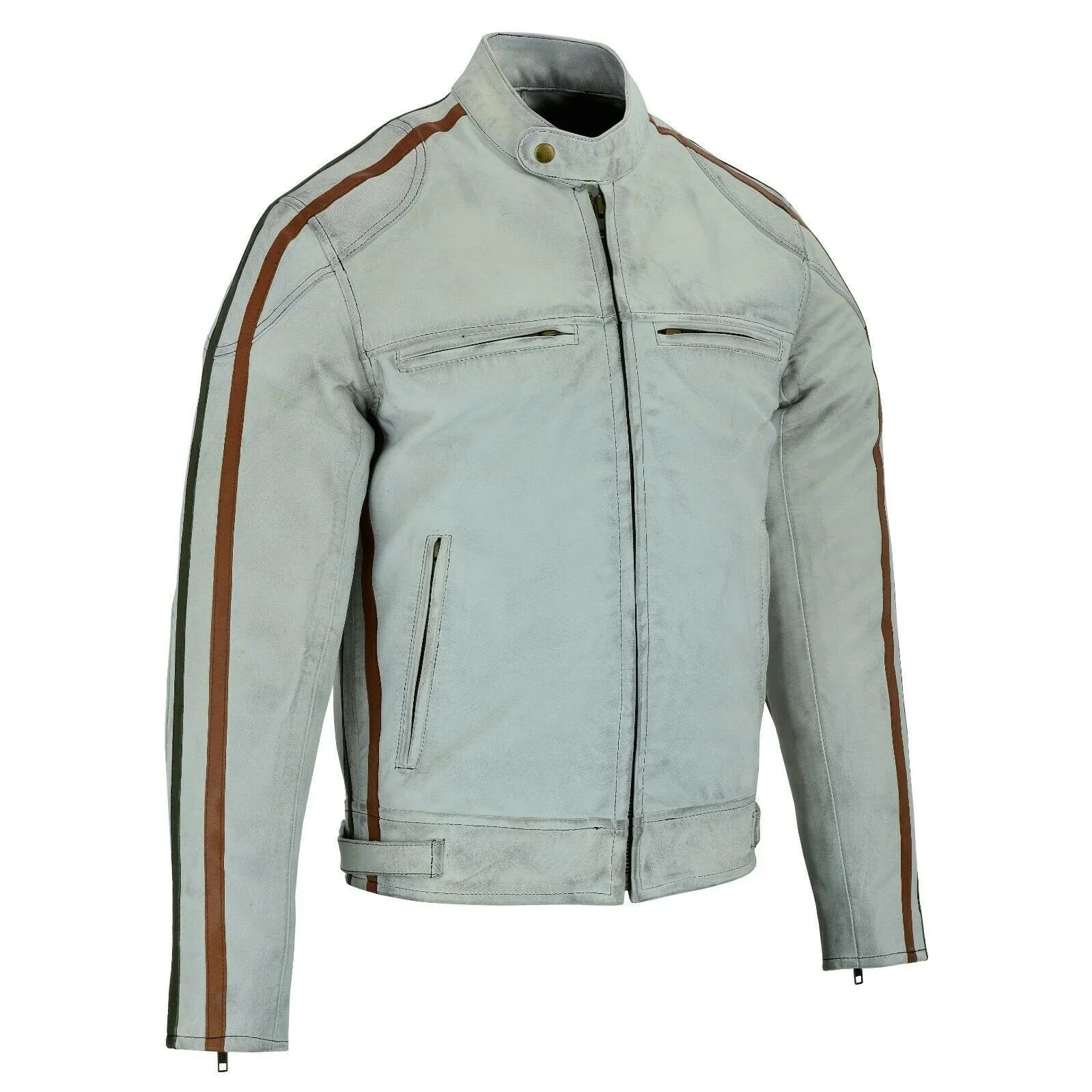 Classic Mens Dirty Grey Motorcycle Leather Jacket Biker Tan and Green stripes