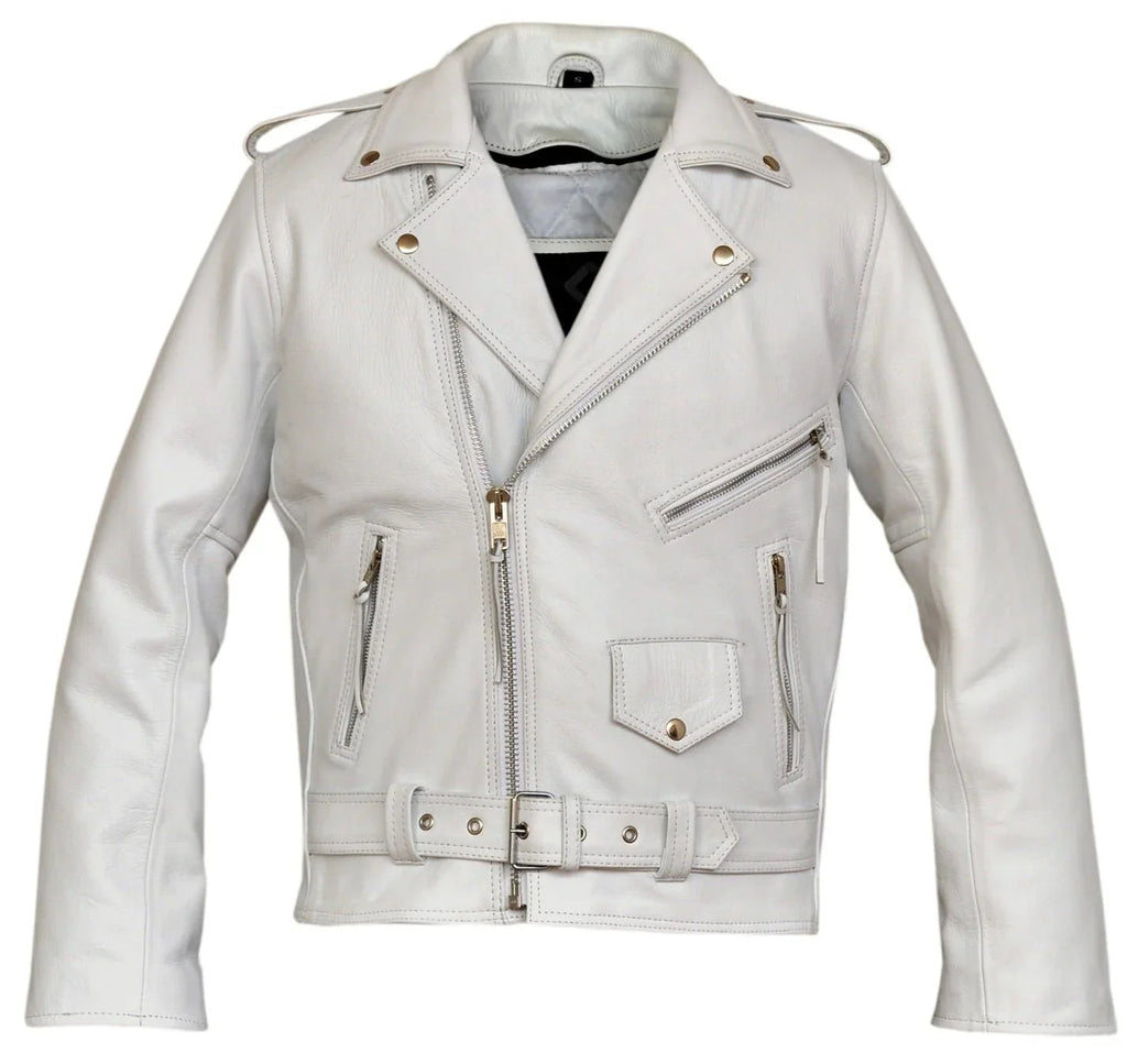 Classic Mens White Marlon Brando Leather Biker Jacket