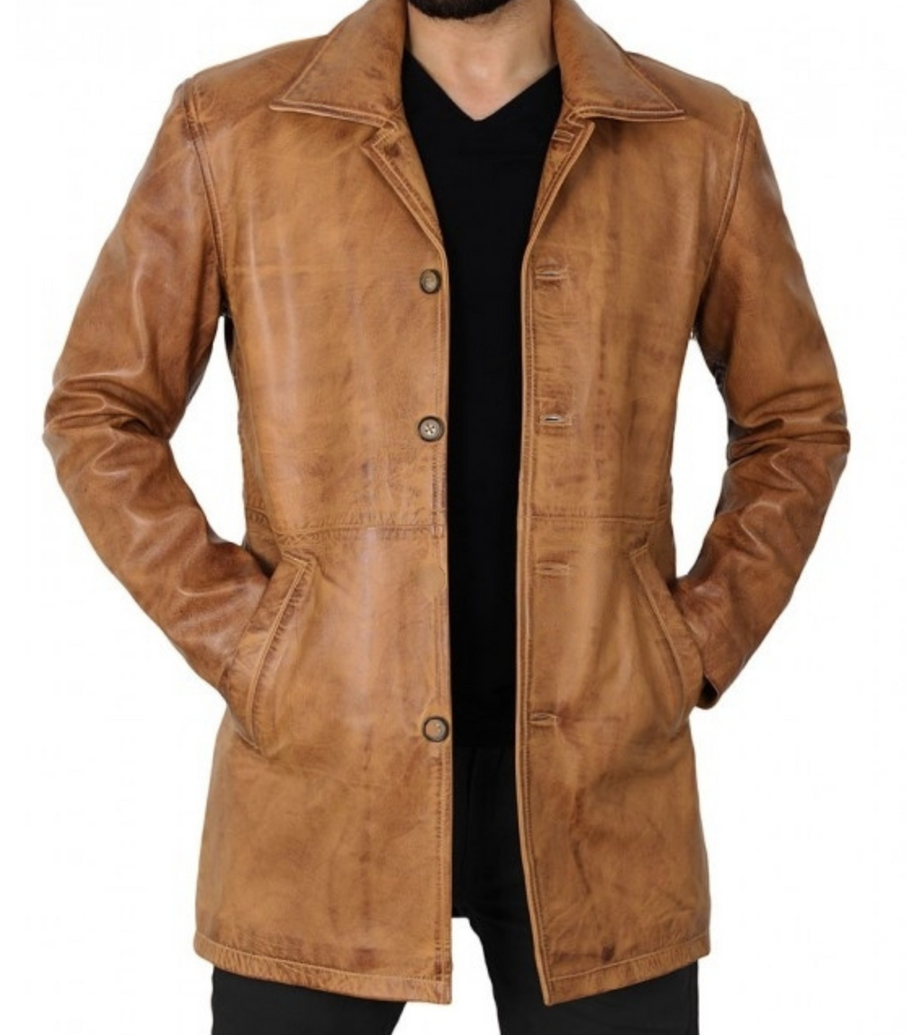 Mens Distressed Brown Real Sheepskin 3/4 Leather Car Coat