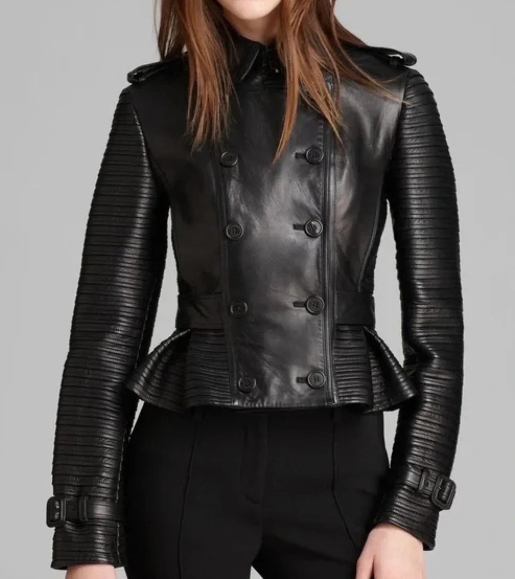 Womens Double Breasted Quilted Black Leather Coat