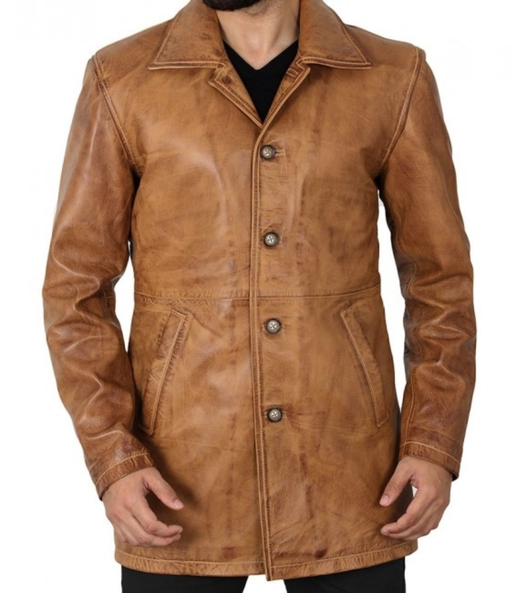 Mens Distressed Brown Real Sheepskin 3/4 Leather Car Coat
