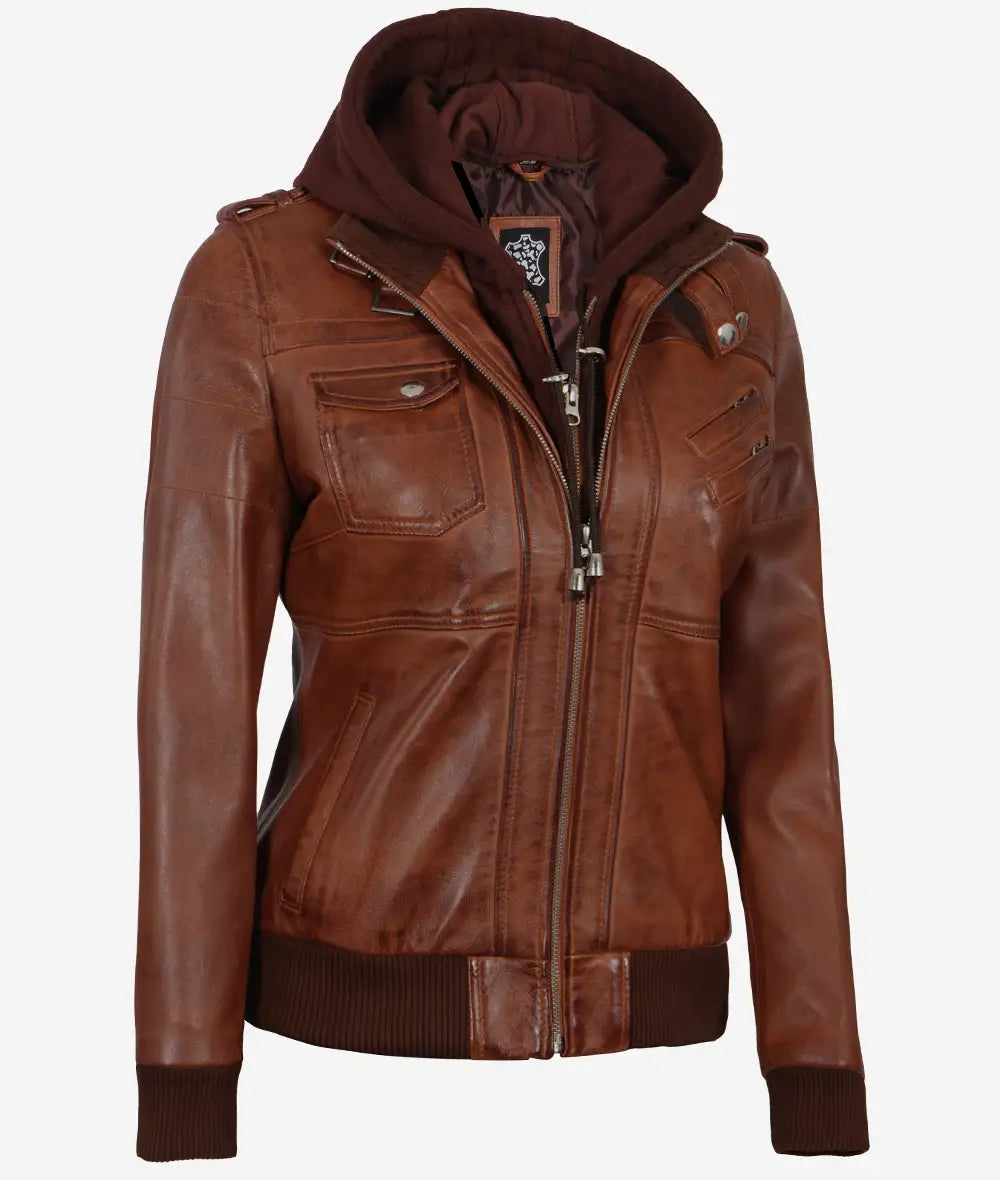 Women's Cognac Brown Leather Jacket with Removeable Hood