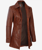 Womens Petite Cognac Brown Leather 3/4 Length Coat
