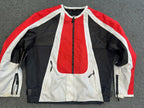 Collarless Black Red and White Textile and Black Porforated Leather Jacket Size XL
