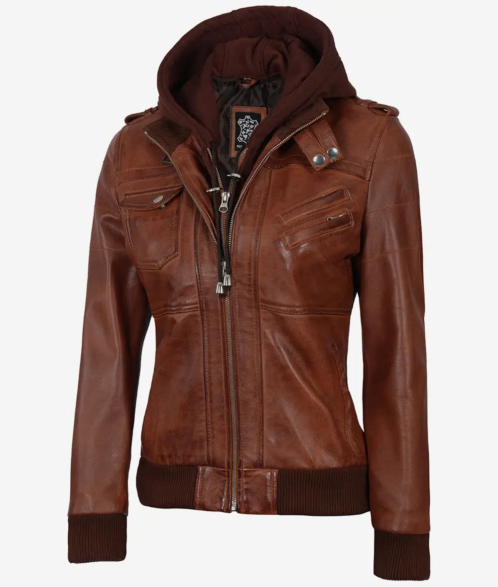 Women's Cognac Brown Leather Jacket with Removeable Hood