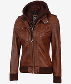 Women's Cognac Brown Leather Jacket with Removeable Hood
