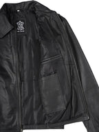 Men's Black Shirt Collar Cowhide Leather Jacket