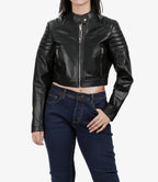 Women's Black Cropped Leather Biker Style Jacket