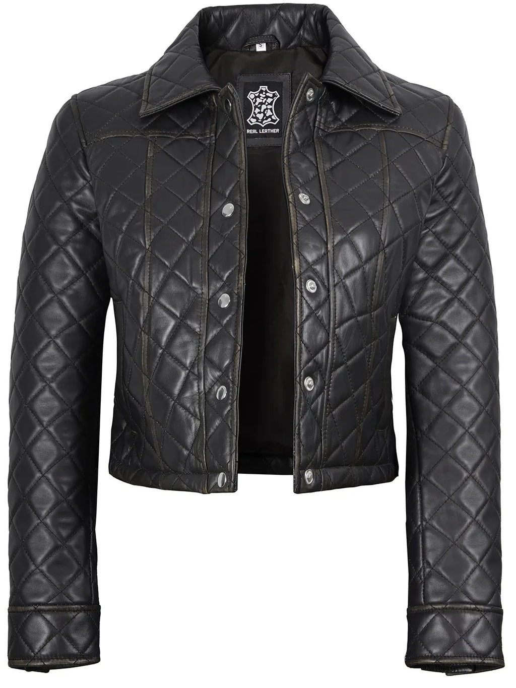 Mable Women's Dark Brown Cropped Shirt Collar Leather Jacket