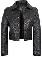 Mable Women's Dark Brown Cropped Shirt Collar Leather Jacket