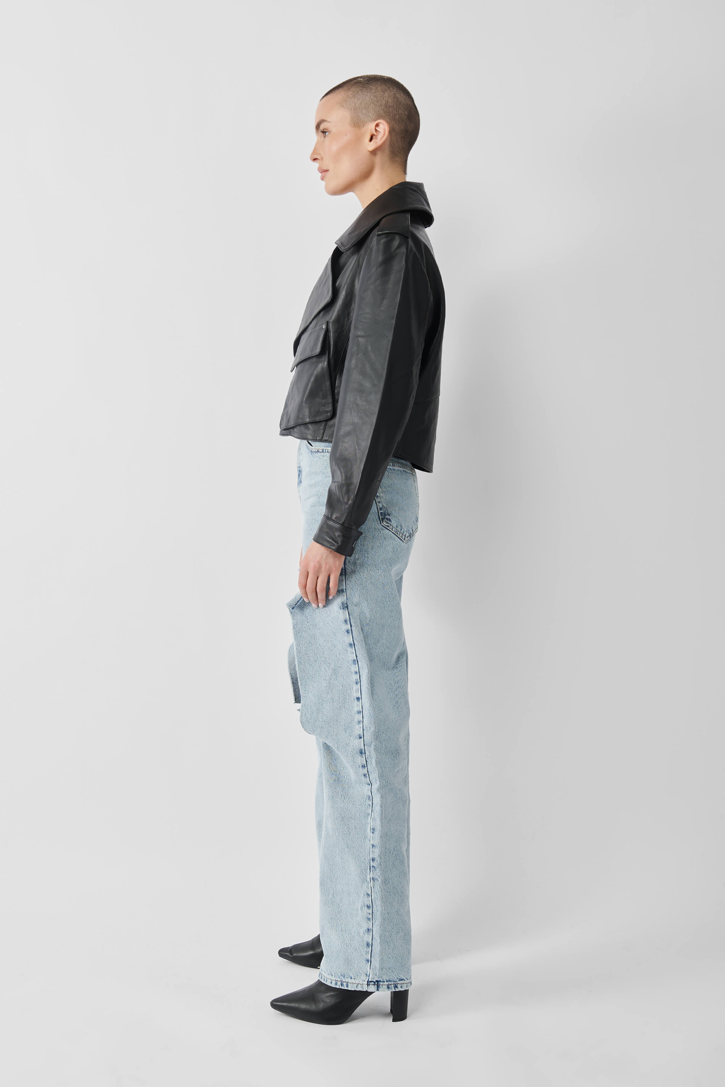 Cropped Blouson Black Leather Jacket