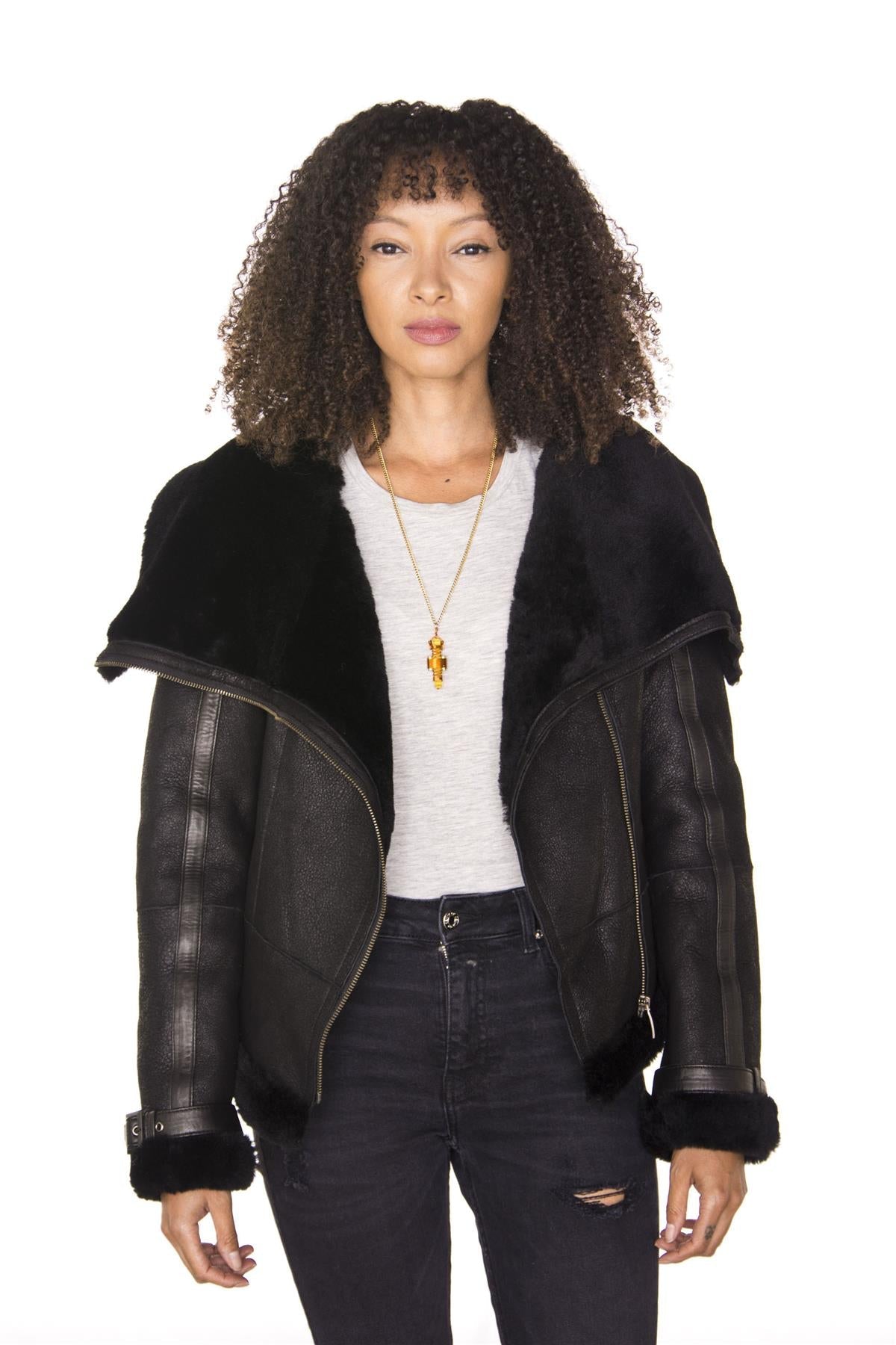 Womens Merino Sheepskin Aviator Leather Jacket-Asmara