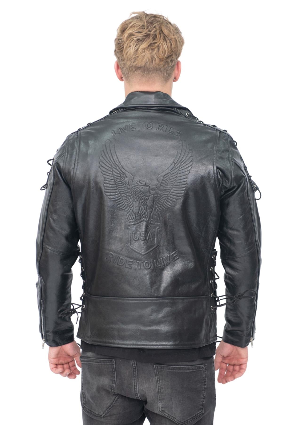Mens Embossed Brando Leather Biker Jacket-Chicago