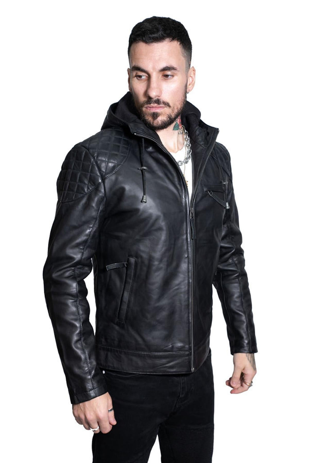 Mens Retro Hooded Leather Bomber Jacket-Zaria