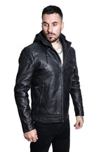 Mens Retro Hooded Leather Bomber Jacket-Zaria