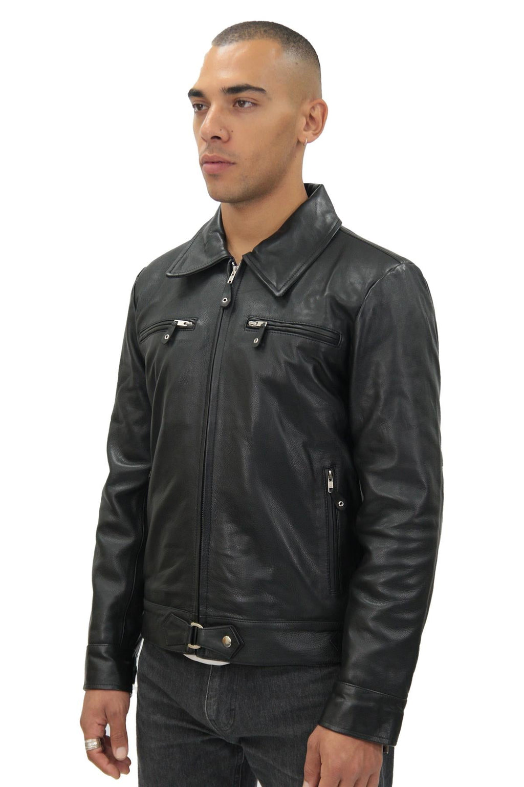 Mens Black Cowhide Leather Harrington Jacket-Geneva