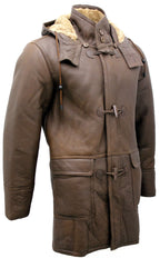 Mens Sheepskin Leather Hooded Duffle Coat-Hanko