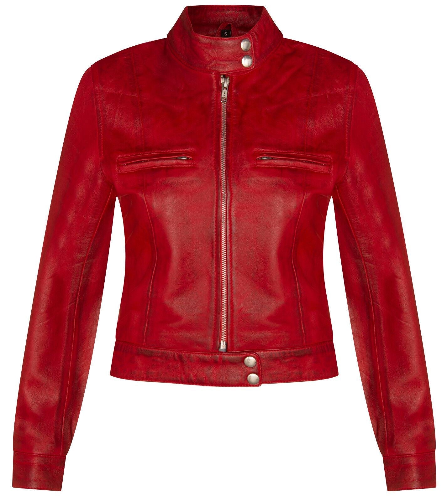 Womens Plain Leather Moto Biker Jacket-Braga