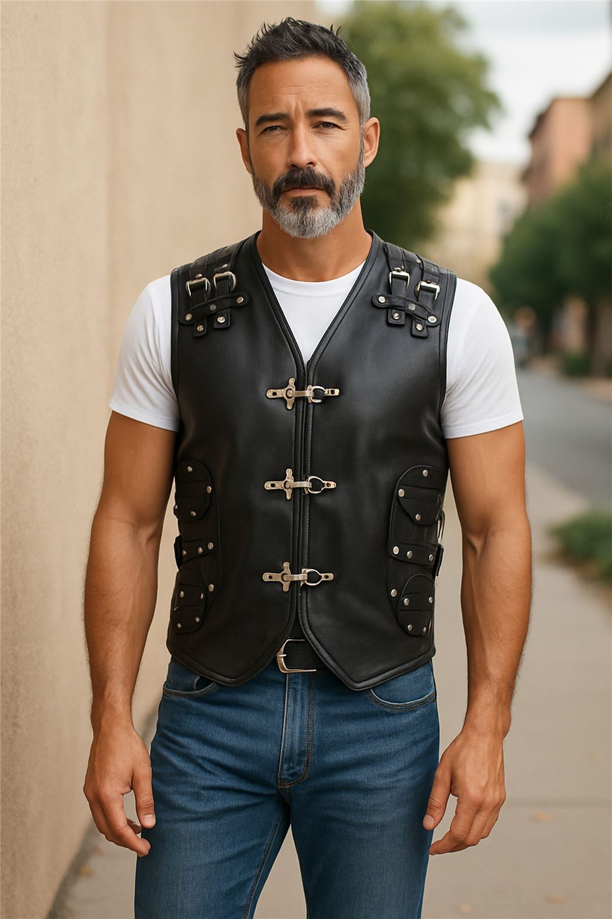 Men’s Black Biker Leather Waistcoat Metal Buckles Vest - Coolgardie