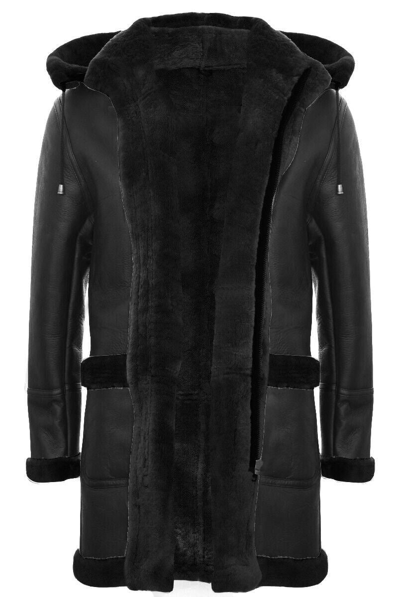 Mens Winter Sheepskin Hooded Duffle Coat-Helsinki