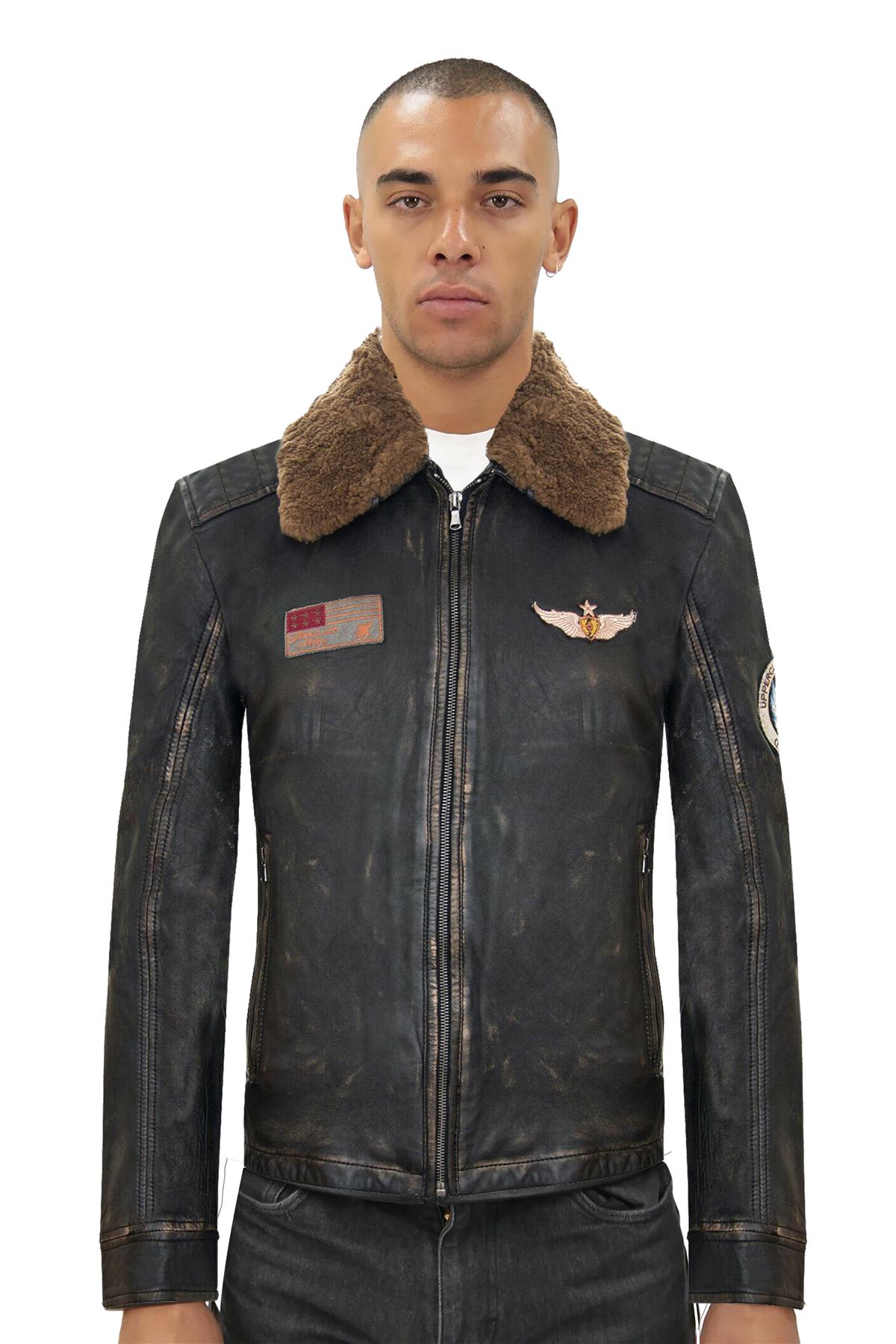 Mens Badged Vintage Black Leather Bomber Jacket-Tunis