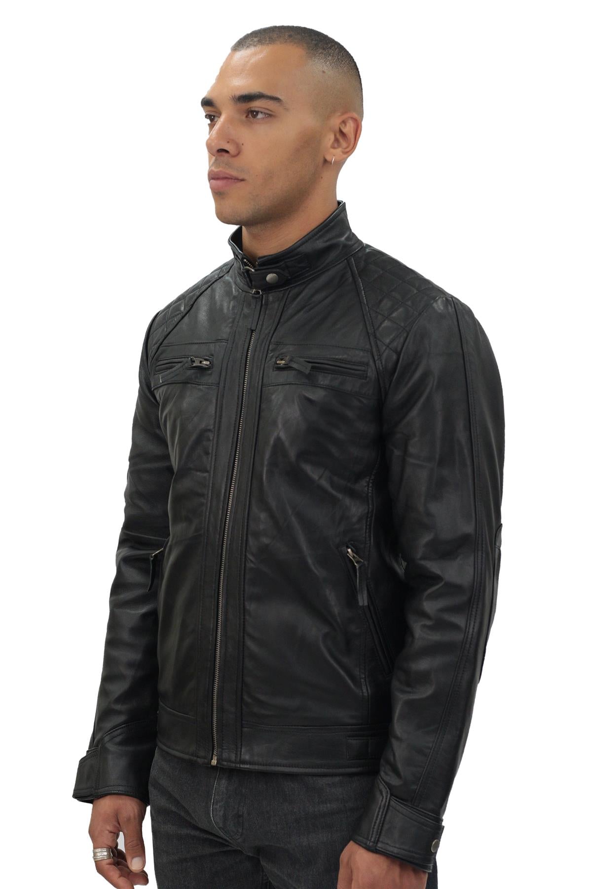 Men's Vintage Leather Quilted Biker Jacket-Monaco