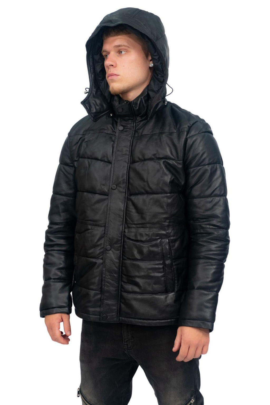Mens Puffer Leather Bomber Jacket-Alicante